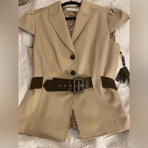 Tahari Arthur S Levine 2 Pc Skirt Suit - Beige w/ Dk Brown & Leopard - Size 14